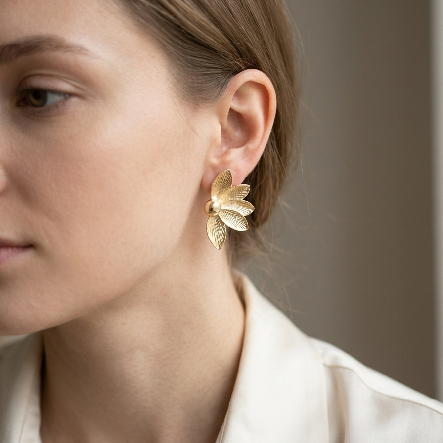 Close-up of a woman wearing gold floral earrings with a neutral background