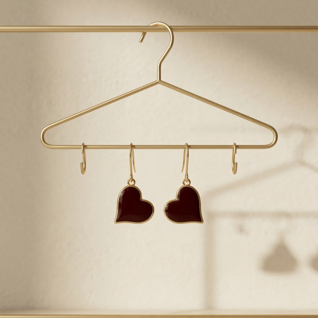 Heart-shaped earrings hanging on a gold hanger against a beige background