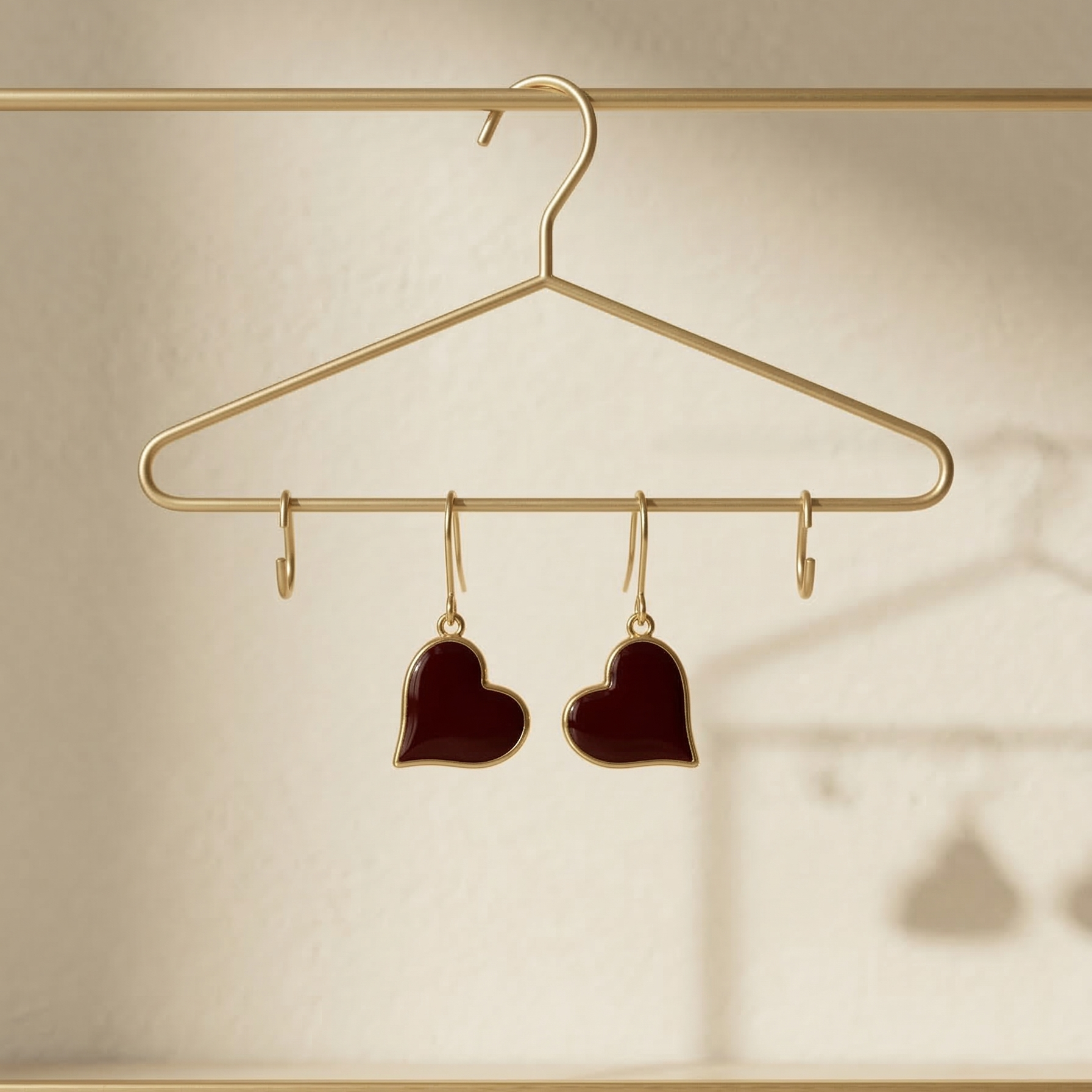 Heart-shaped earrings hanging on a gold hanger against a beige background