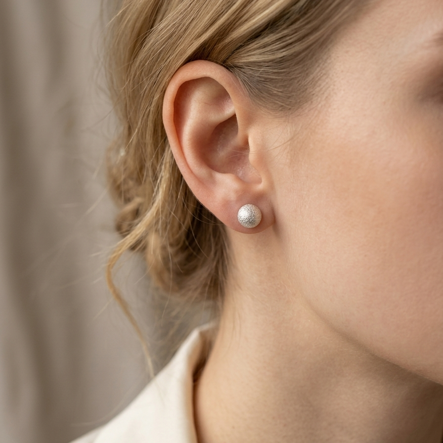 Close-up of a person wearing pearl earrings with a neutral background