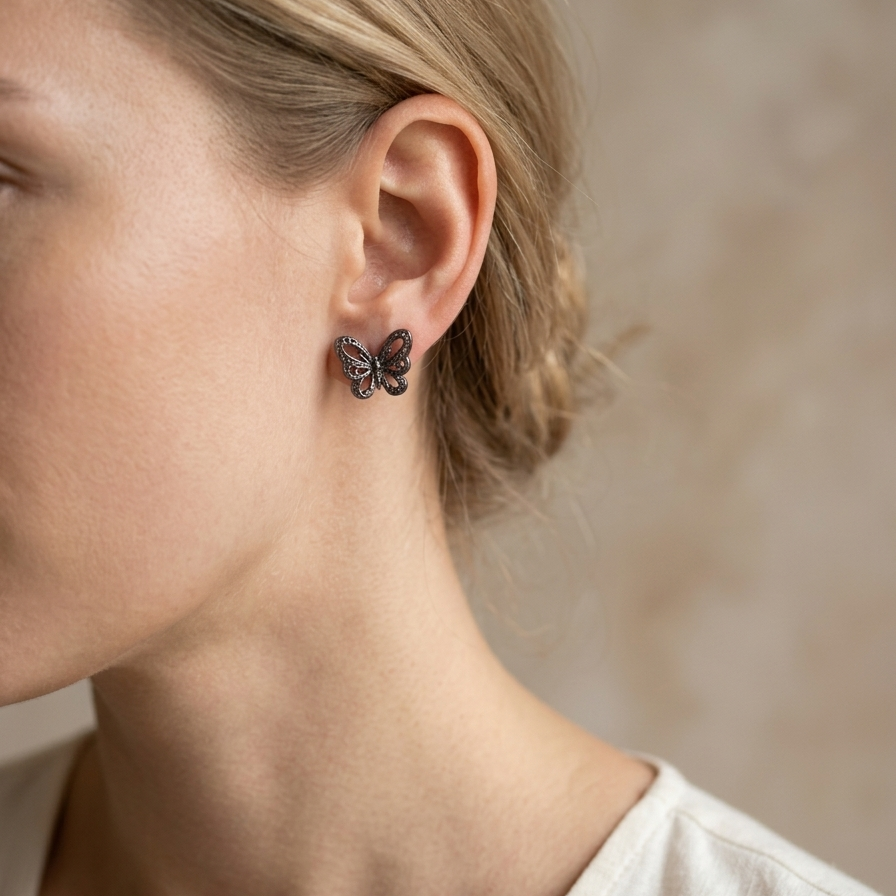 Filigree Butterfly Stud Earrings - Black Oxidized Sterling Silver Textured Animal Post Earrings