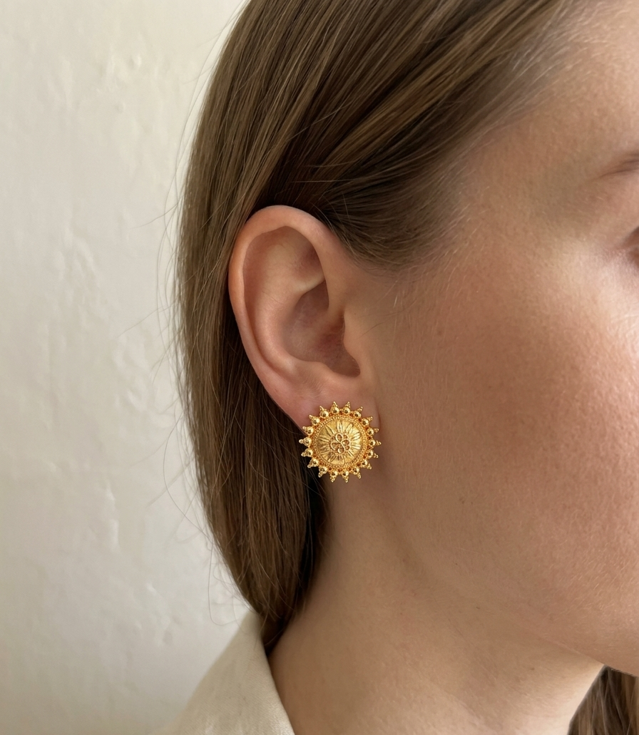 Close-up of a person wearing a gold sun-shaped earring against a neutral background