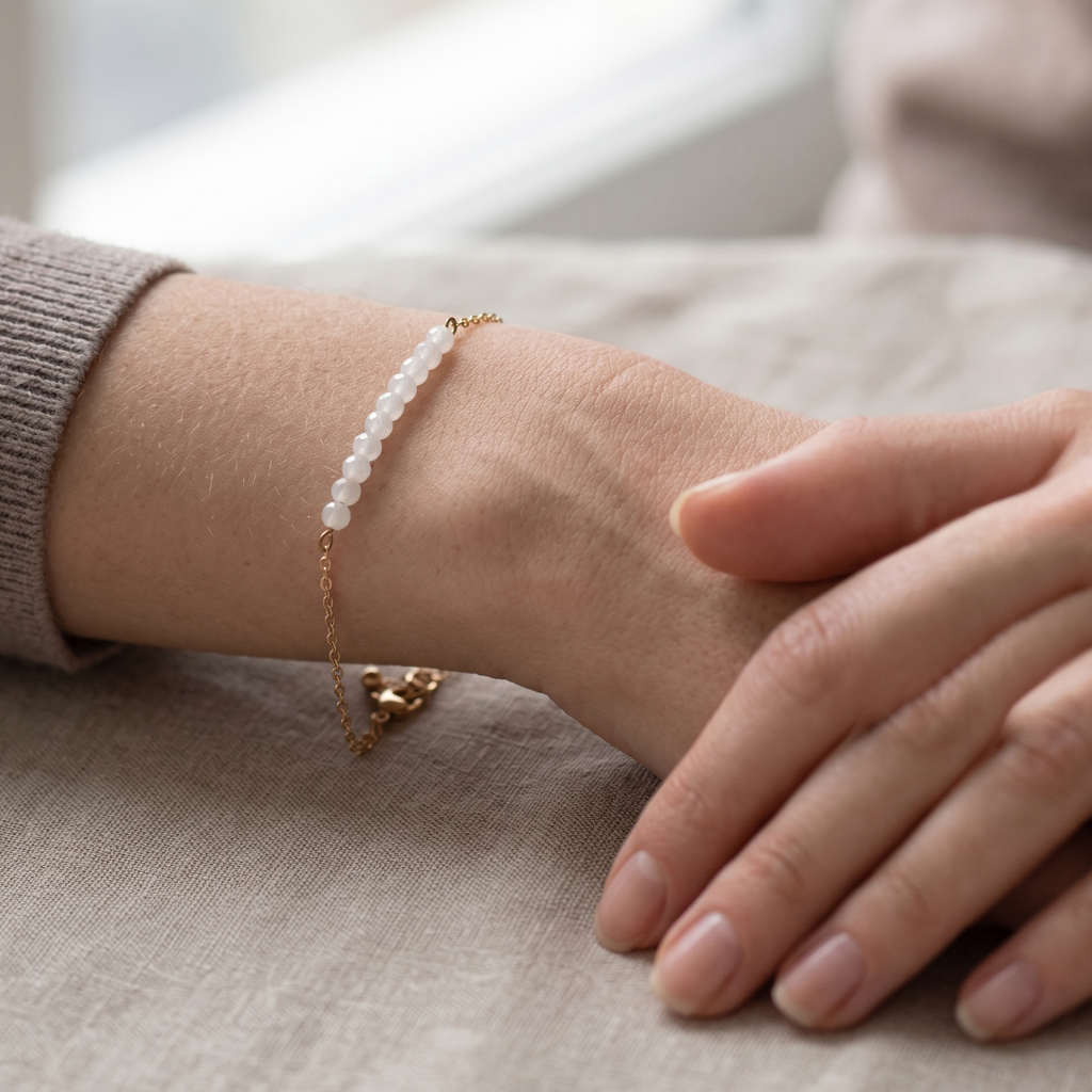 Close-up of a wrist wearing a delicate bracelet on a neutral background
