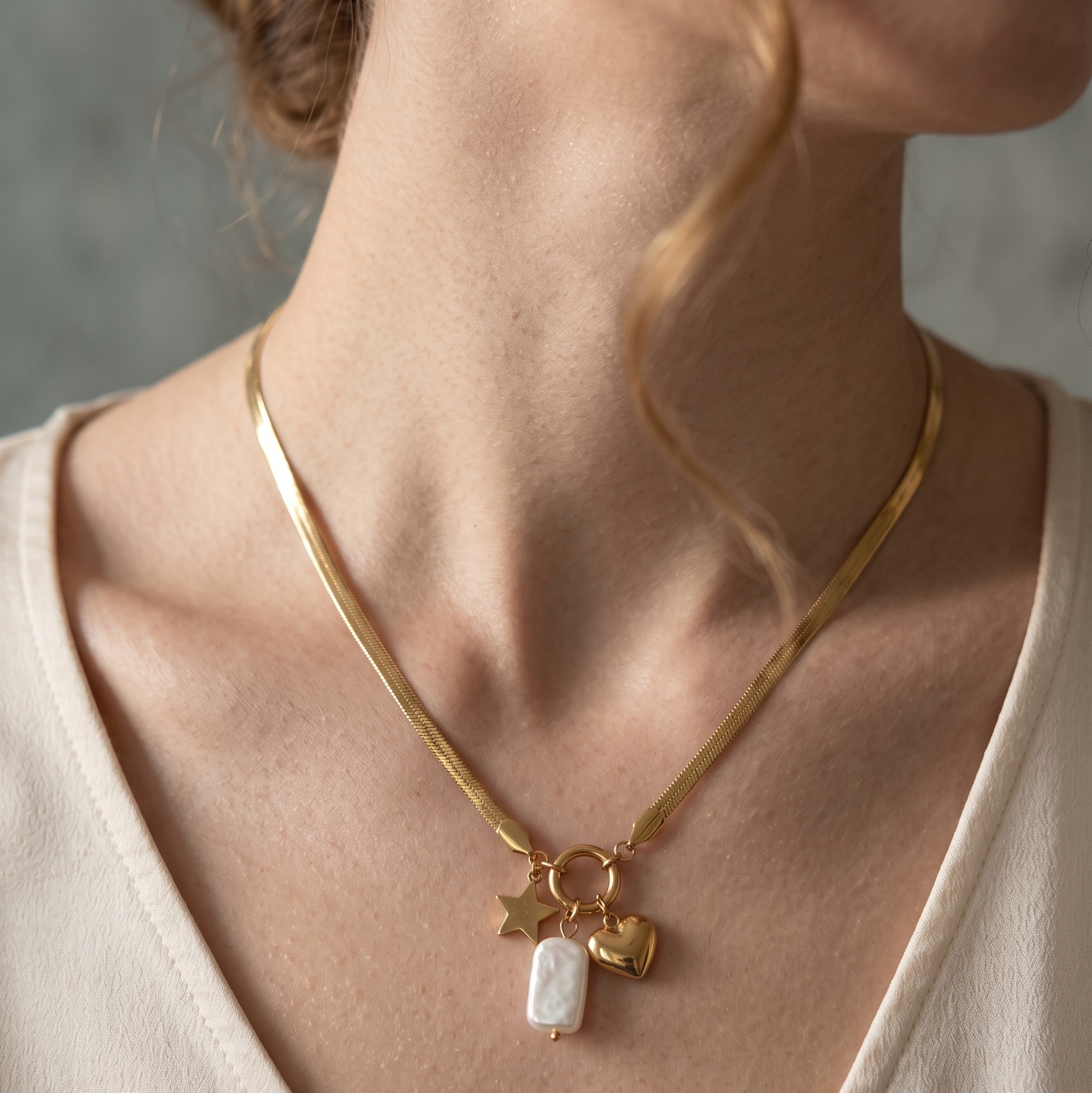 Celestial Heart & Baroque Pearl Anti-Tarnish Snake Chain Necklace