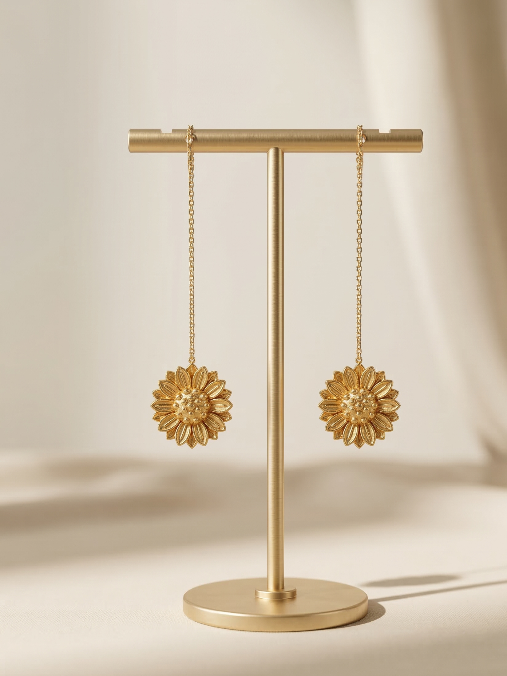 Gold flower-shaped earrings on a gold stand against a beige background