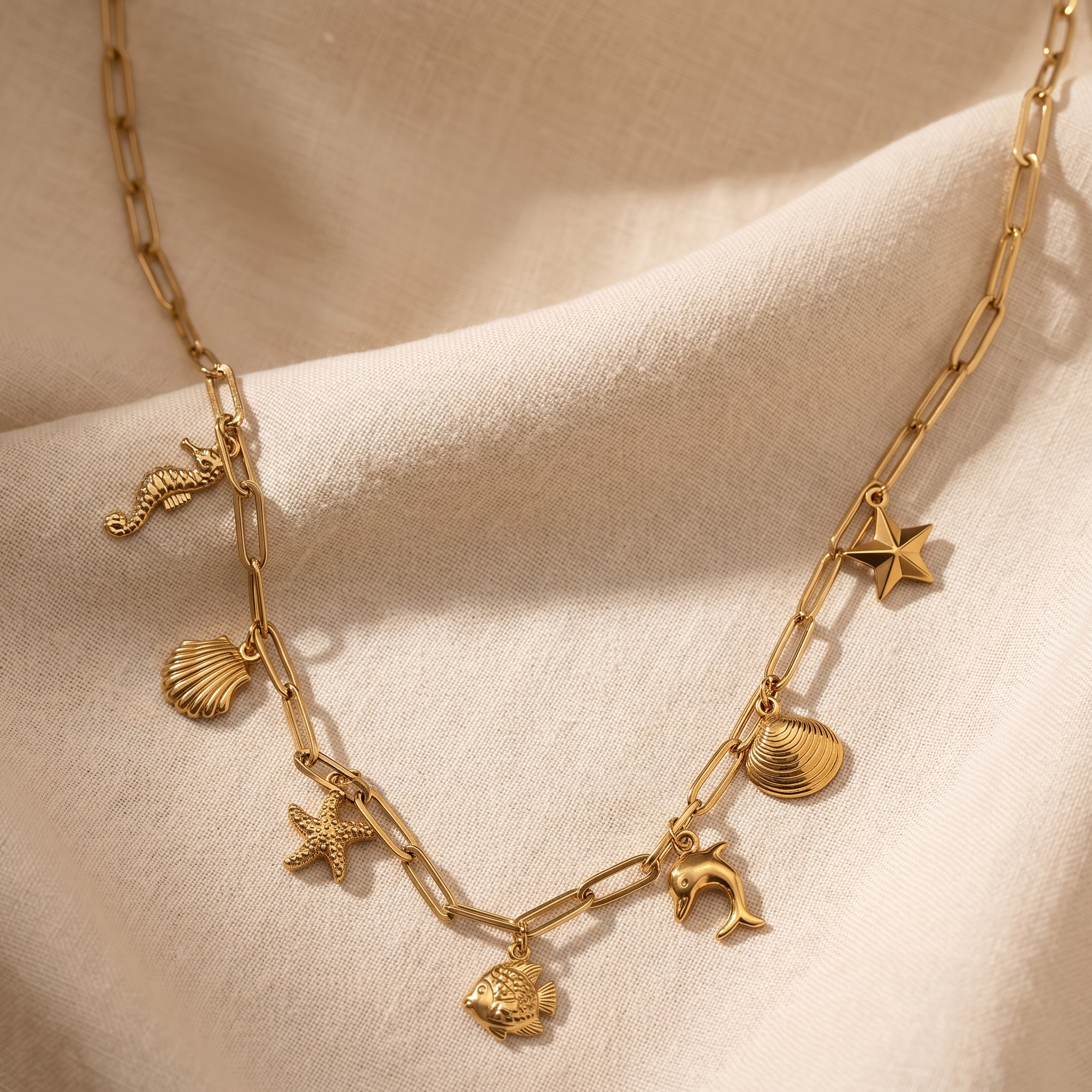 Gold necklace with various charms on a beige fabric background