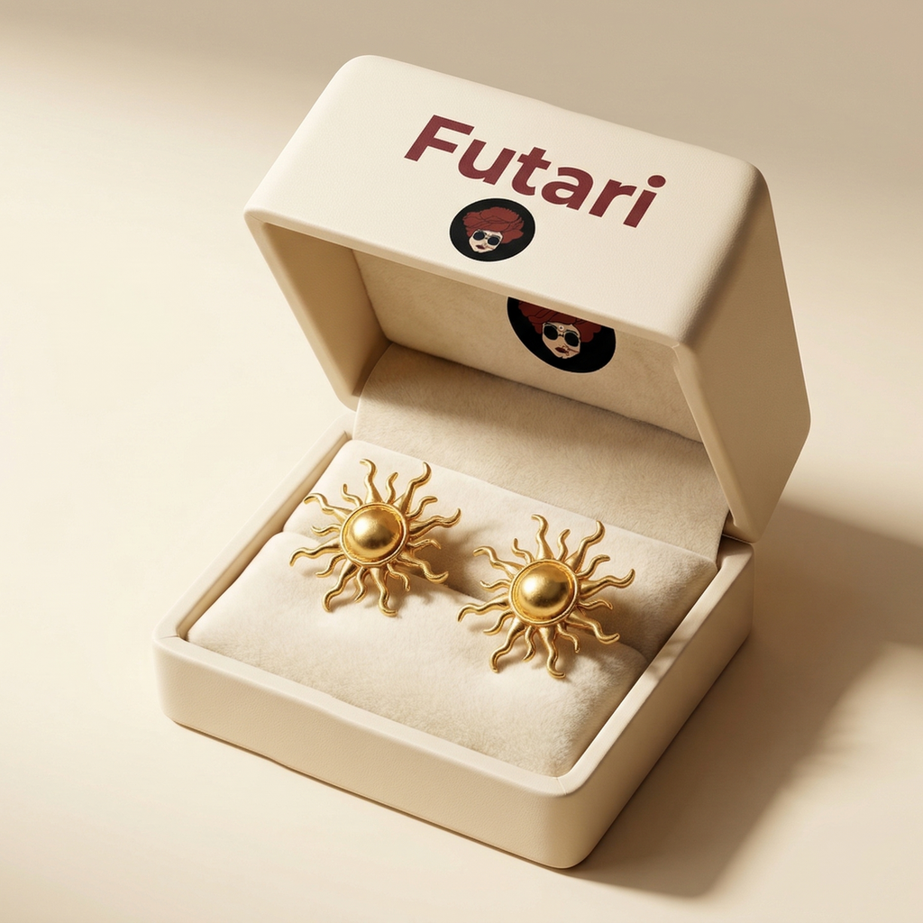 Gold sun-shaped earrings in an open jewelry box with 'Futari' branding.