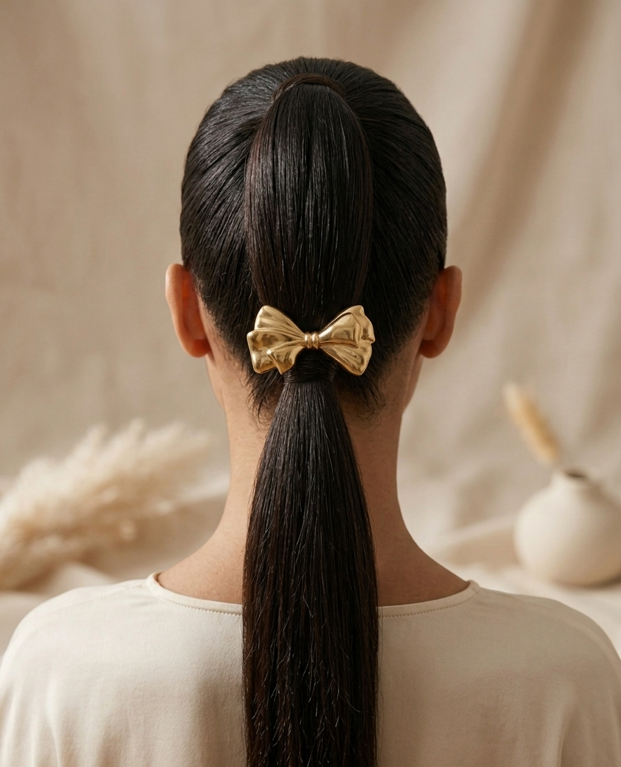 Person with a ponytail wearing a gold bow hair accessory against a neutral background