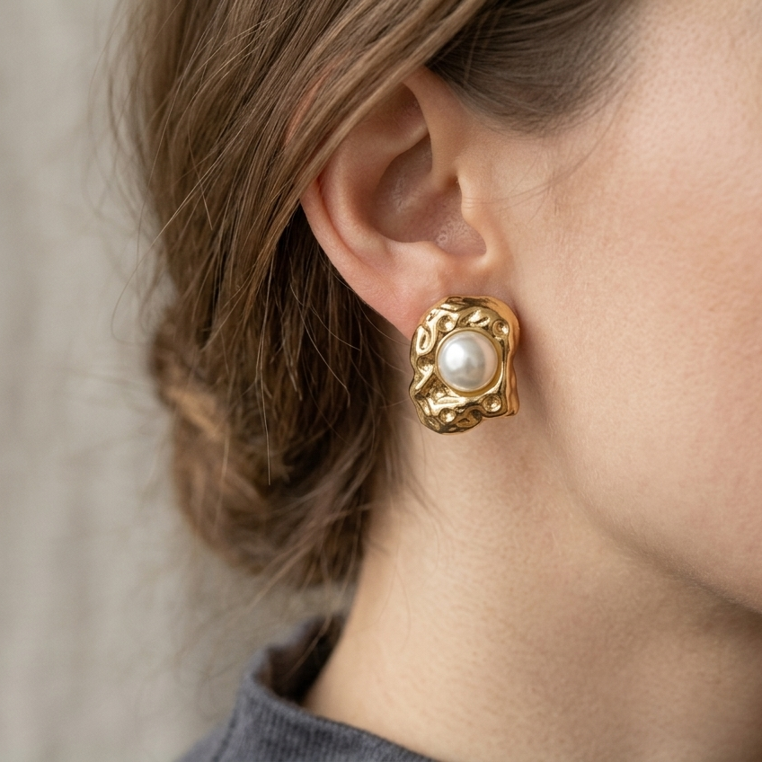 Gold earring with a pearl on a person's ear against a neutral background