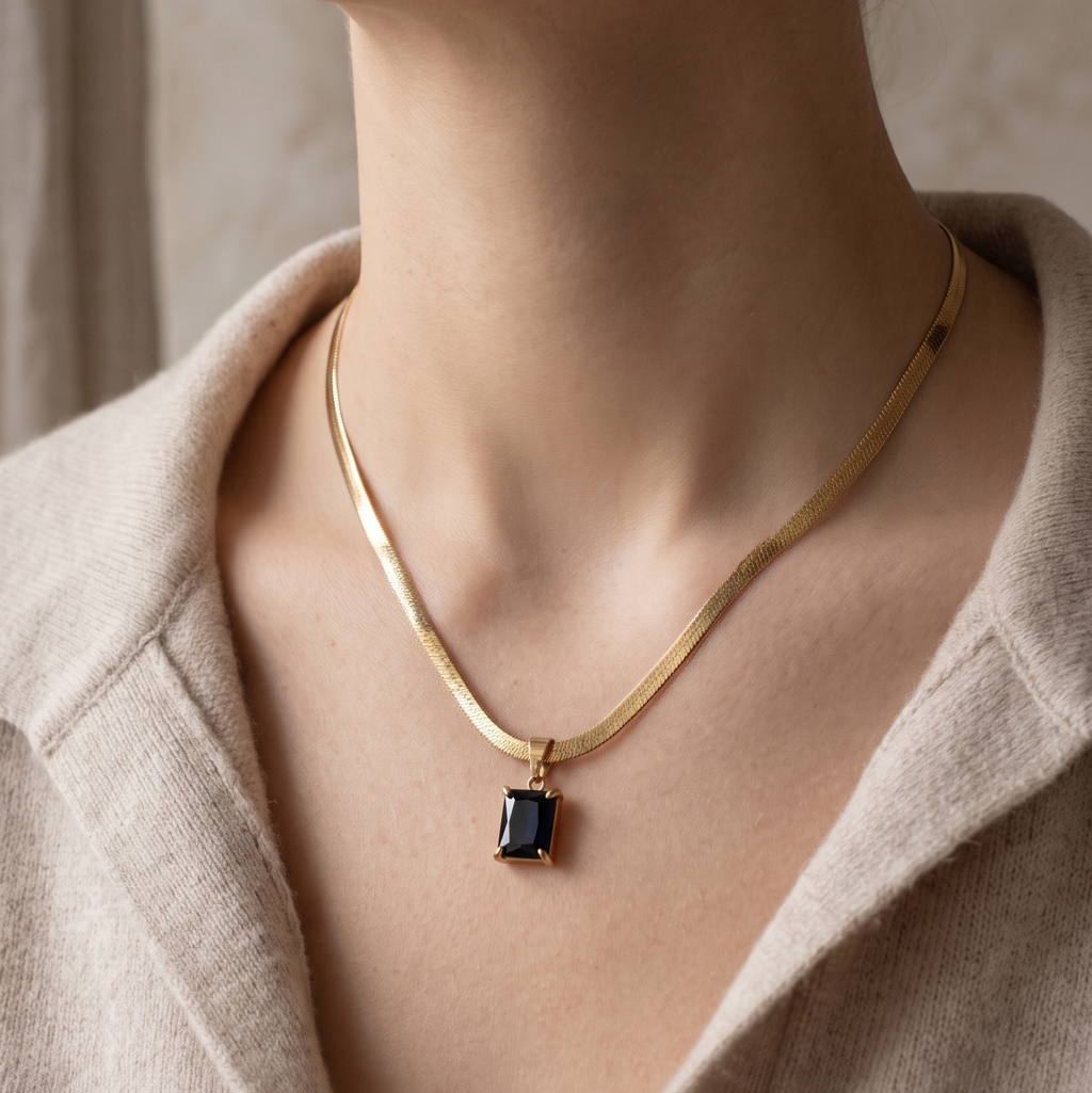 Emerald Elegance Anti-Tarnish Necklace | Gold Herringbone Snake Chain with Green Baguette Pendant
