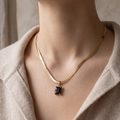 Emerald Elegance Anti-Tarnish Necklace | Gold Herringbone Snake Chain with Green Baguette Pendant