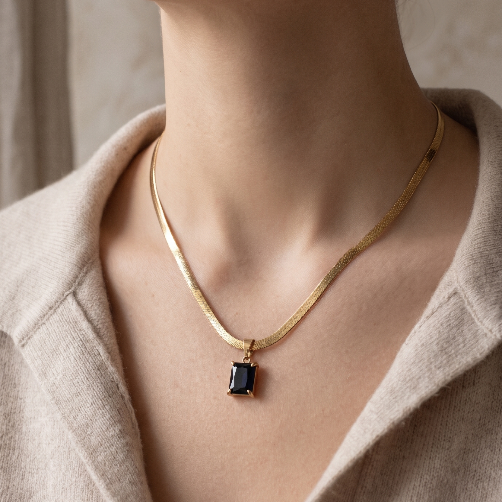 Emerald Elegance Anti-Tarnish Necklace | Gold Herringbone Snake Chain with Green Baguette Pendant