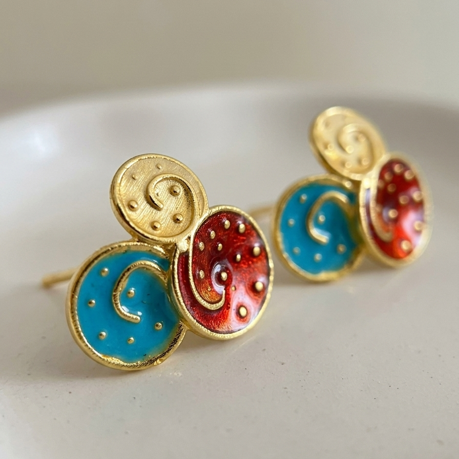 The Solstice Enamel & Brass Studs – Handcrafted Geometric Triple-Disc Earrings