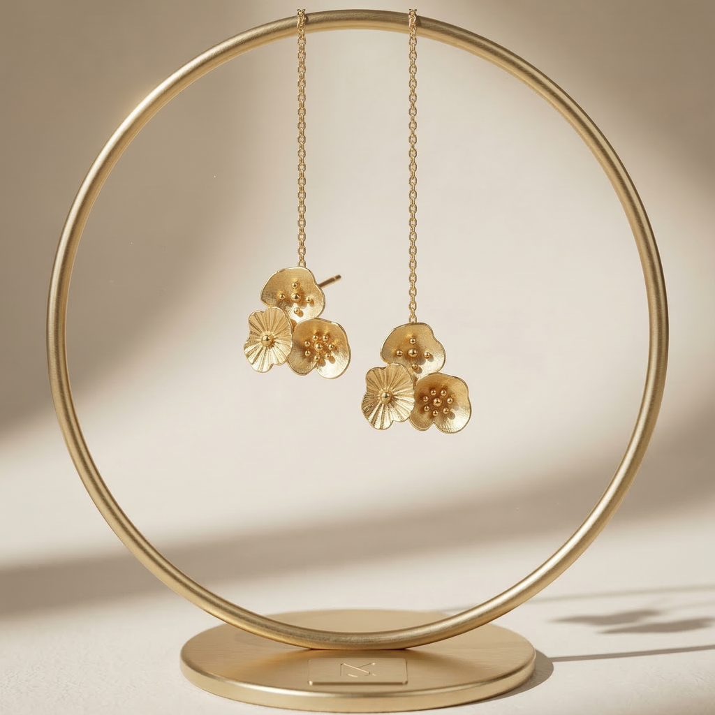 Gold floral earrings on a decorative stand against a beige background
