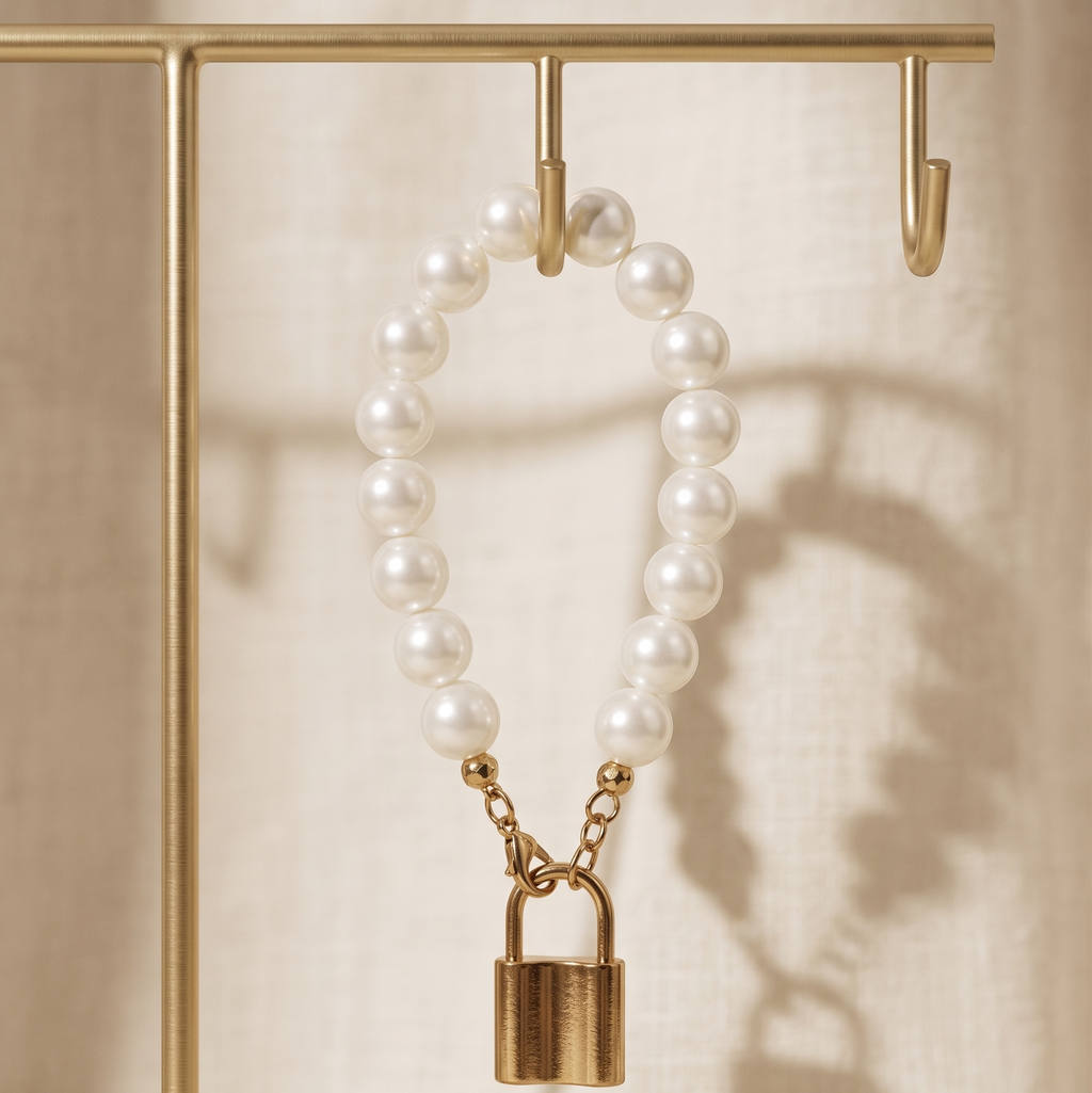 Parisian Gold Padlock Pearl Bracelet | Elegant Beaded Stretch Bracelet