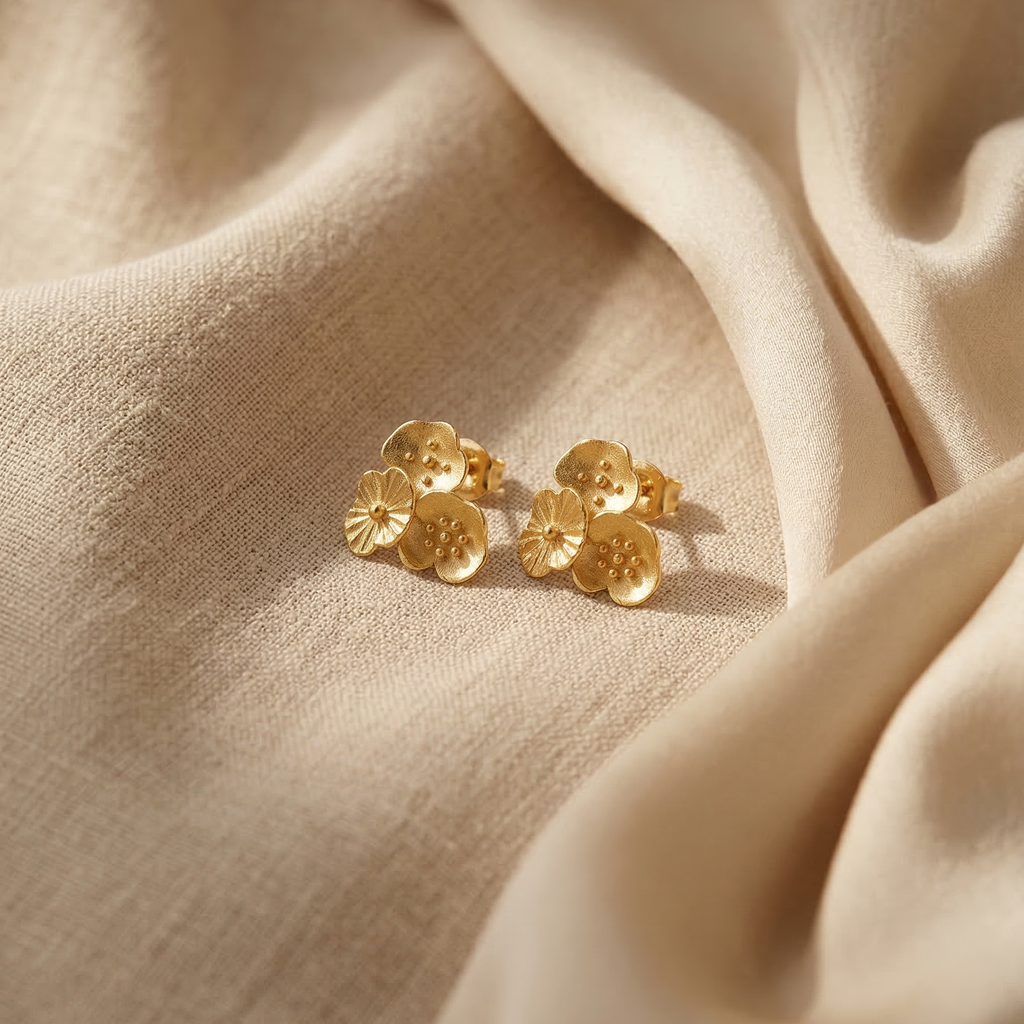 Gold floral earrings on beige fabric