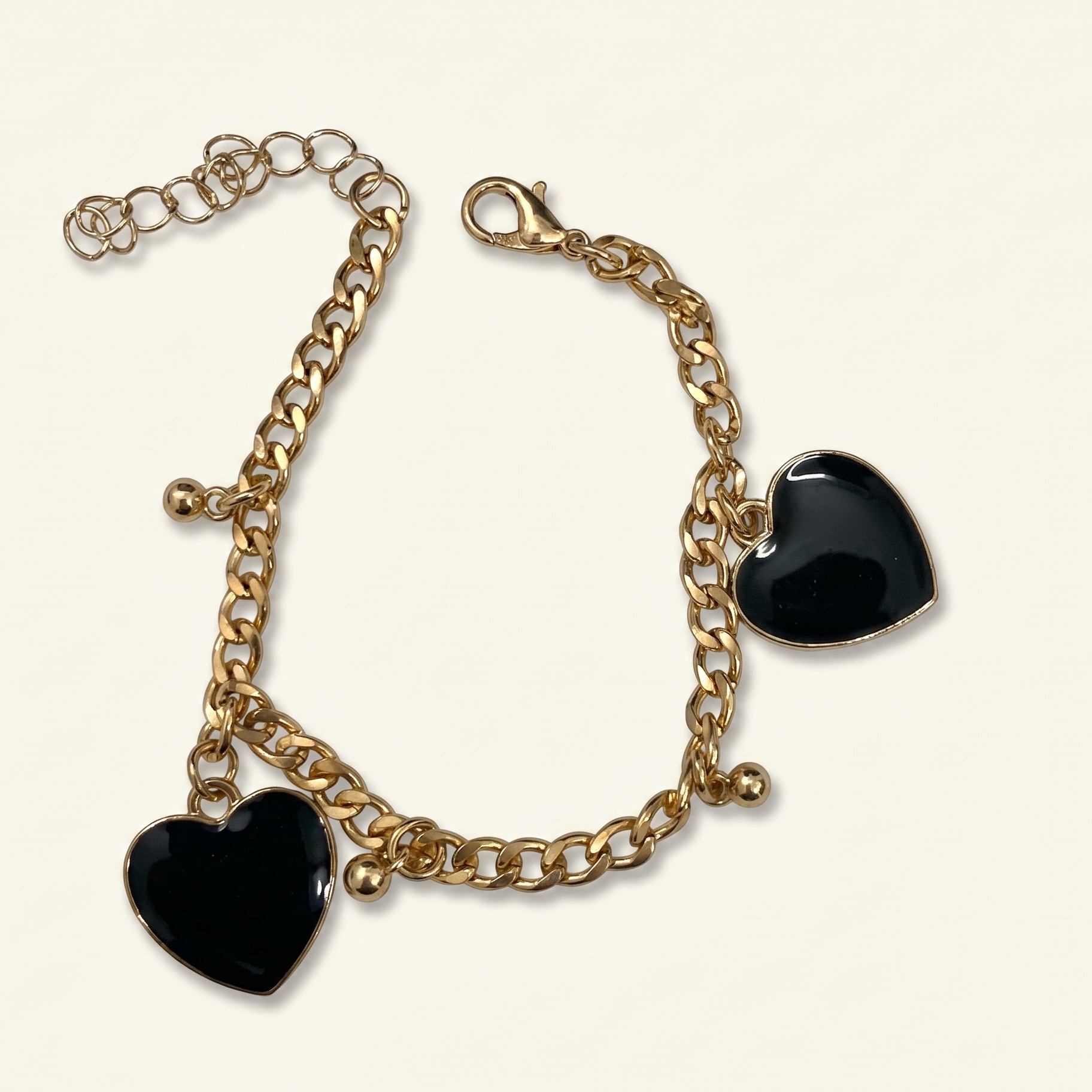 Midnight Love Heart Charm Bracelet – 18K Gold Plated Curb Chain