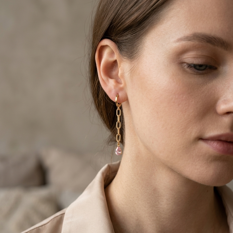 Close-up of a woman wearing gold earrings with a neutral background
