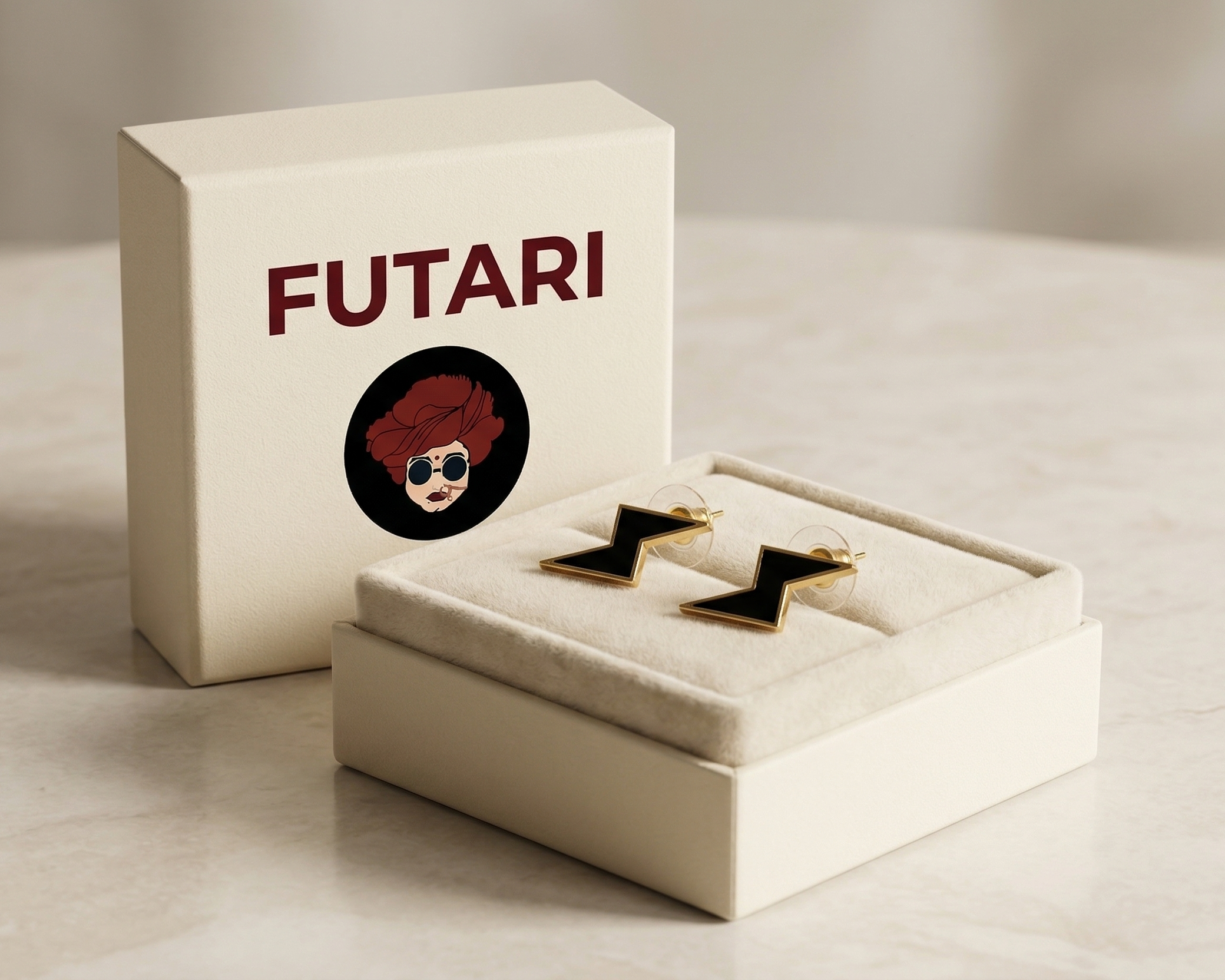 Cufflinks in a box with 'FUTARI' branding on a neutral background