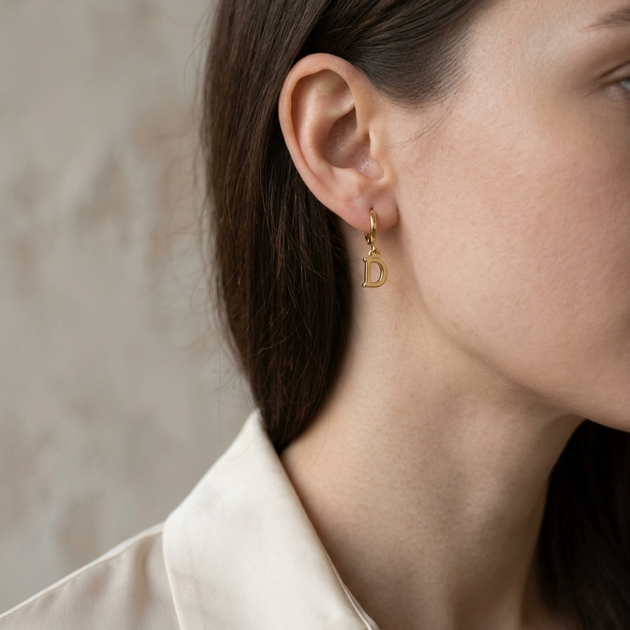 Close-up of a person wearing a gold earring with a 'D' design against a neutral background