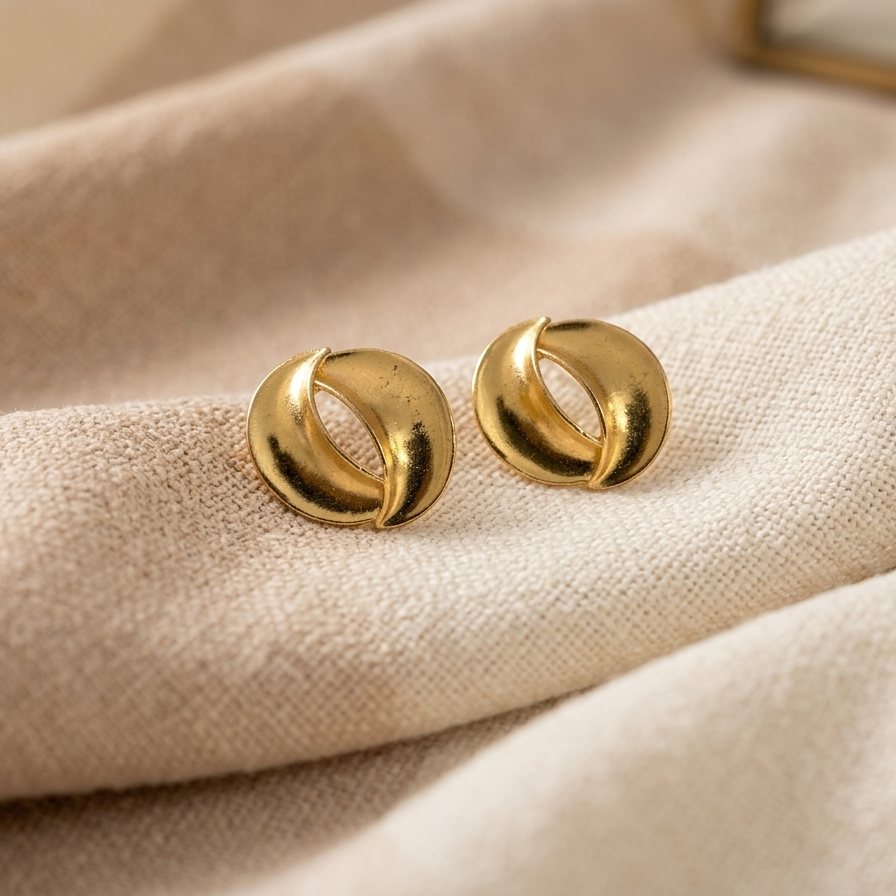 Gold hoop earrings on a beige fabric surface