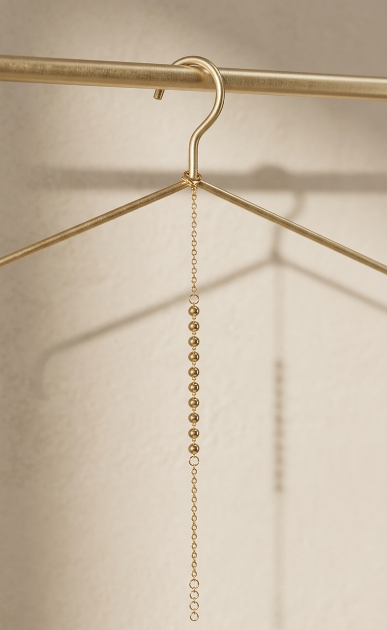 Gold chain earring hanging from a gold hanger on a beige background