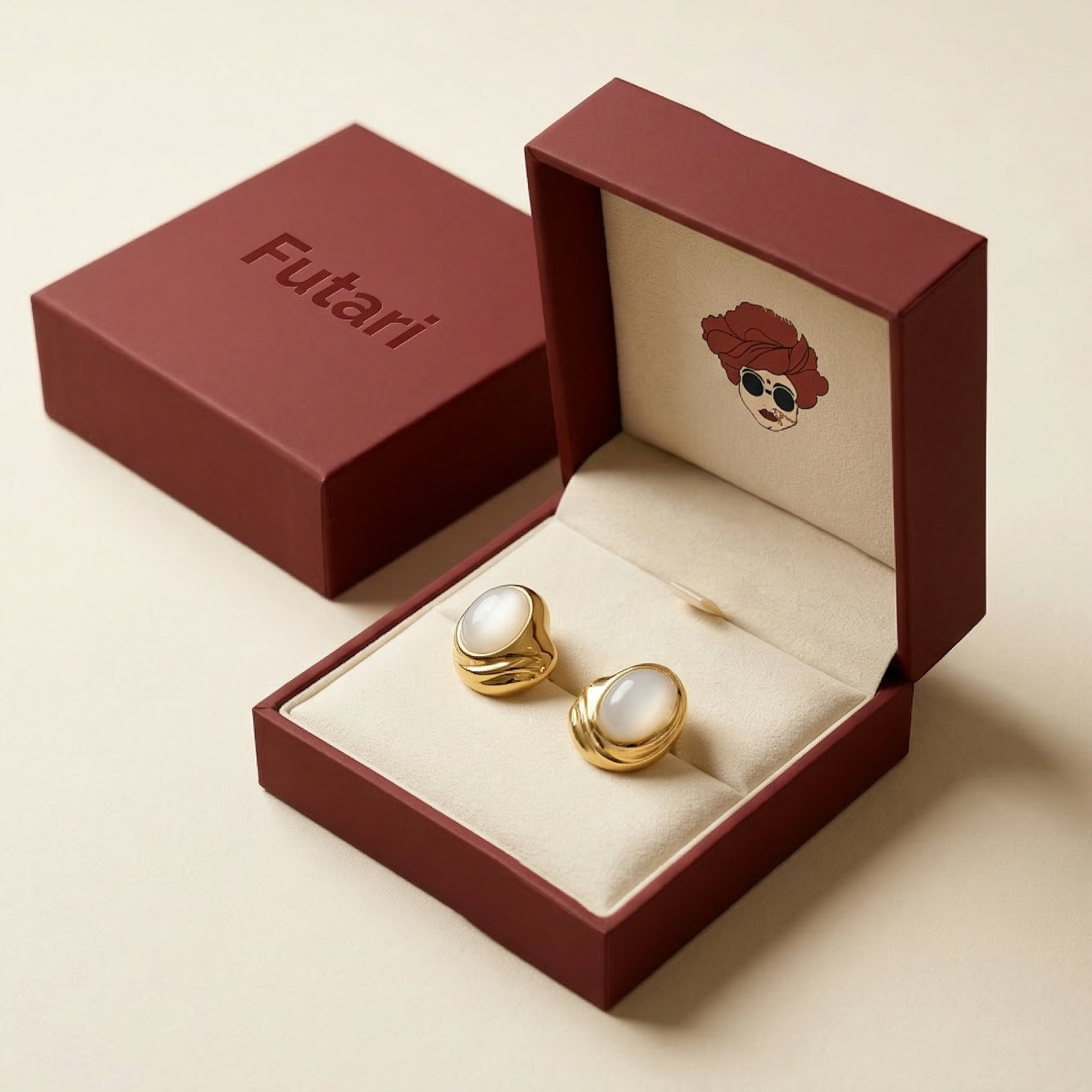 Gold and pearl cufflinks in an open red 'Futari' box on a beige background