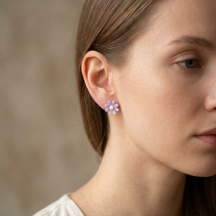 Close-up of a woman wearing a floral earring with a blurred background