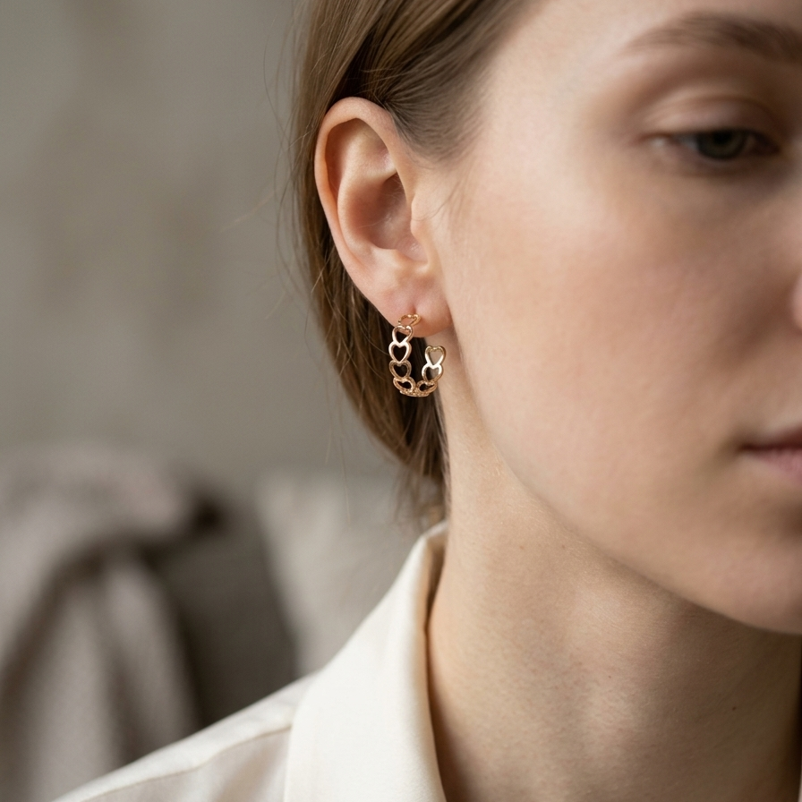 Close-up of a person wearing heart-shaped earrings with a neutral background