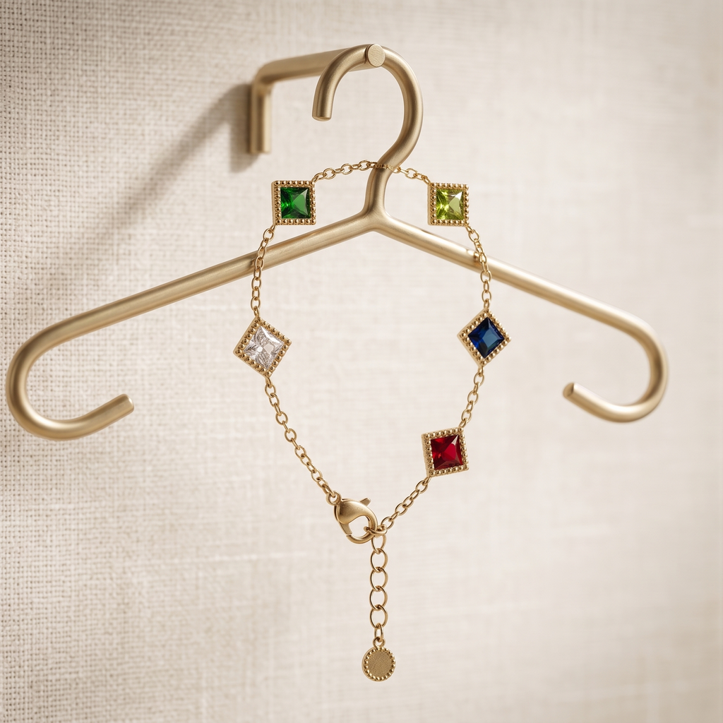 Gold bracelet with colorful gemstones on a gold hanger against a beige background
