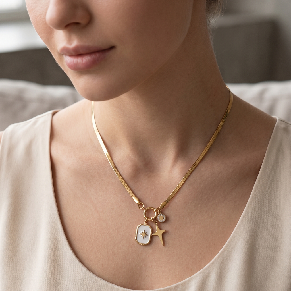 Celestial Star 18k Gold Plated Herringbone Necklace – Anti-Tarnish & Waterproof Snake Chain with Charms