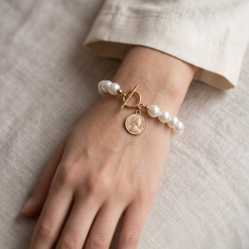 Hand wearing a pearl bracelet with a gold charm on a neutral background