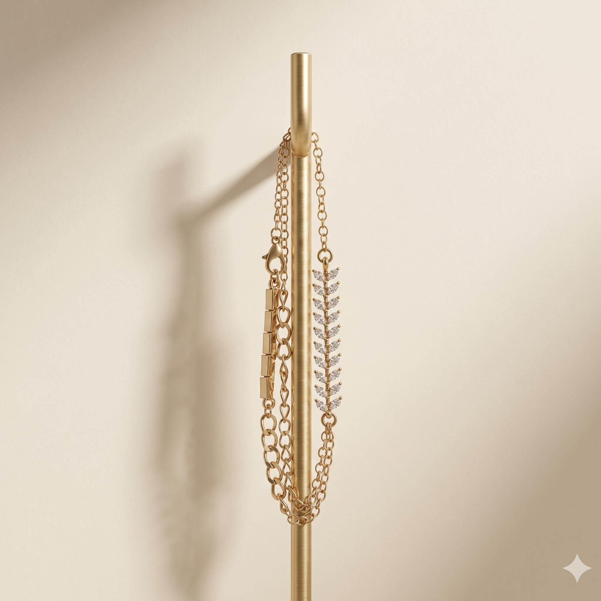 Gold decorative item with chains and a central design on a beige background
