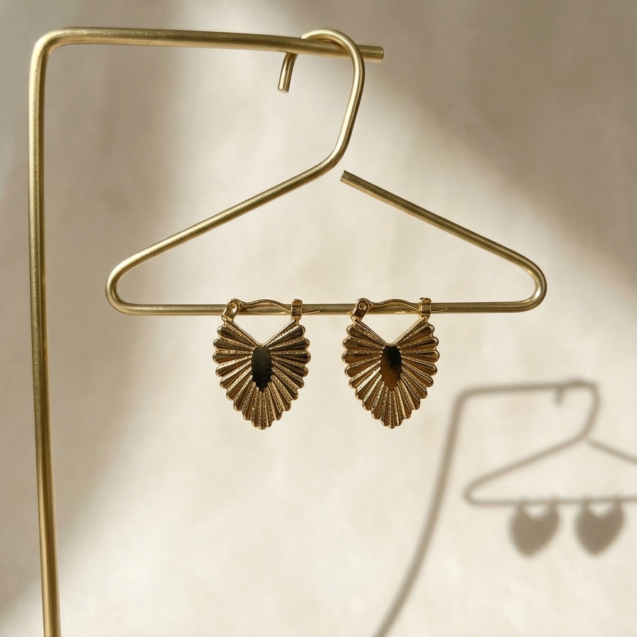 Gold earrings on a gold stand against a beige background