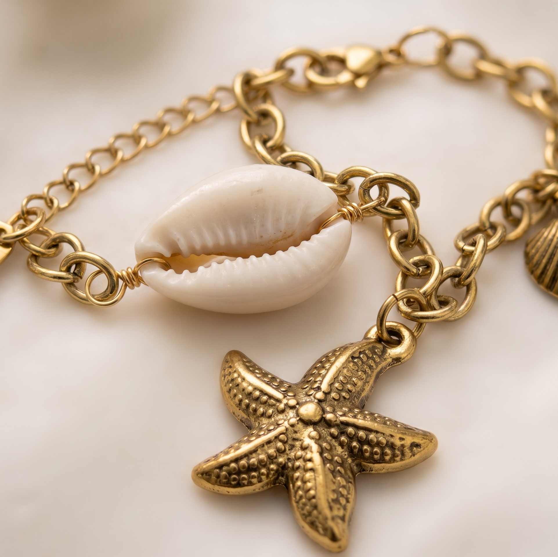 Gold bracelet with starfish and shell charms on a light background