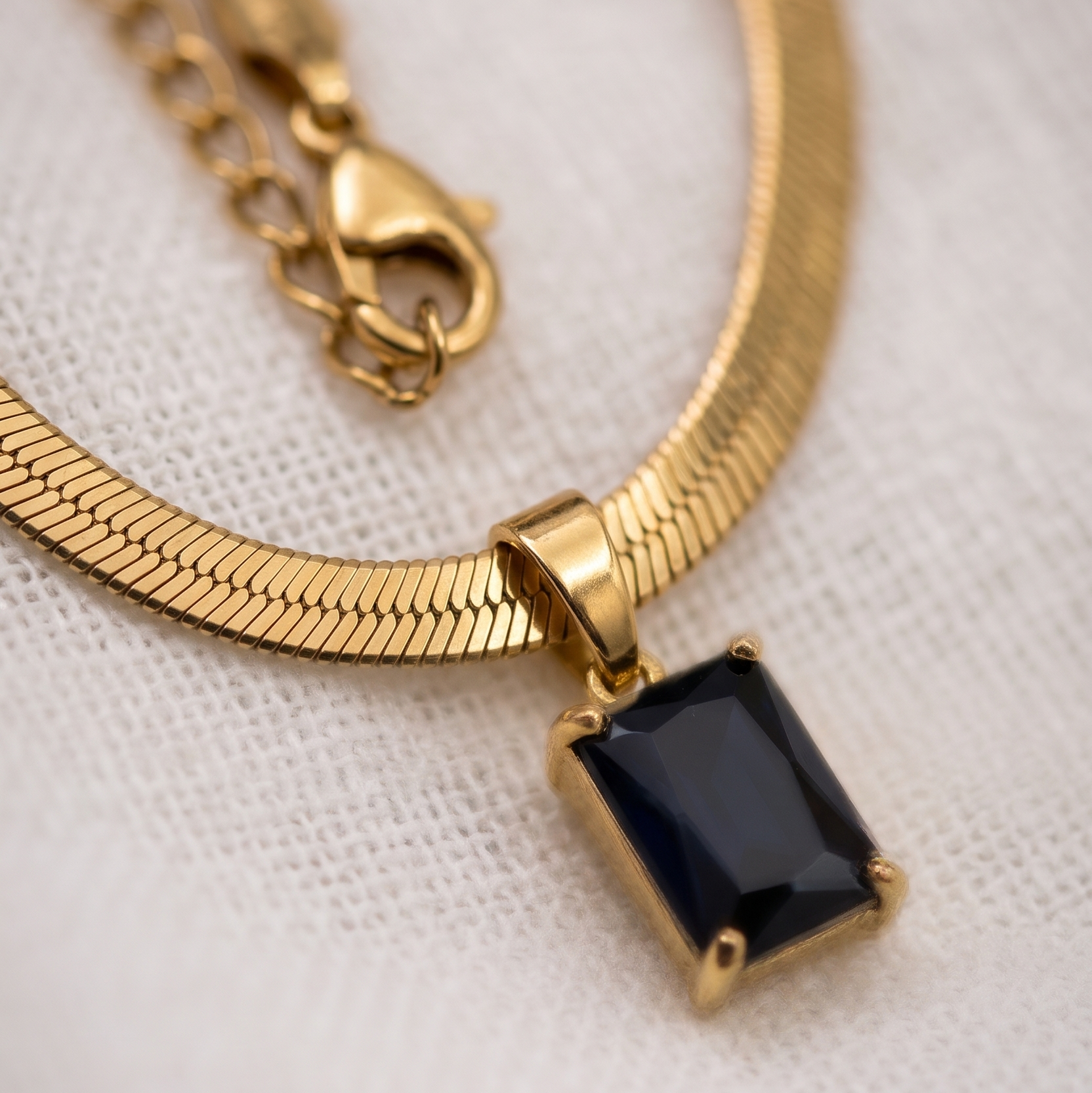 Emerald Elegance Anti-Tarnish Necklace | Gold Herringbone Snake Chain with Green Baguette Pendant