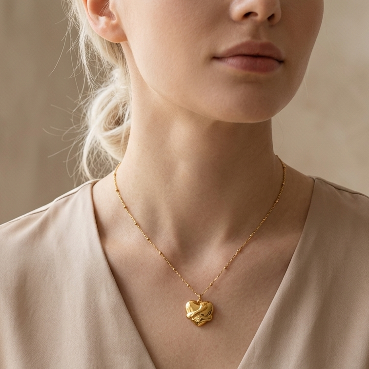 A woman wearing a delicate gold chain necklace with a textured, sculptural gold heart pendant, styled with a beige satin top against a soft, warm neutral background.
