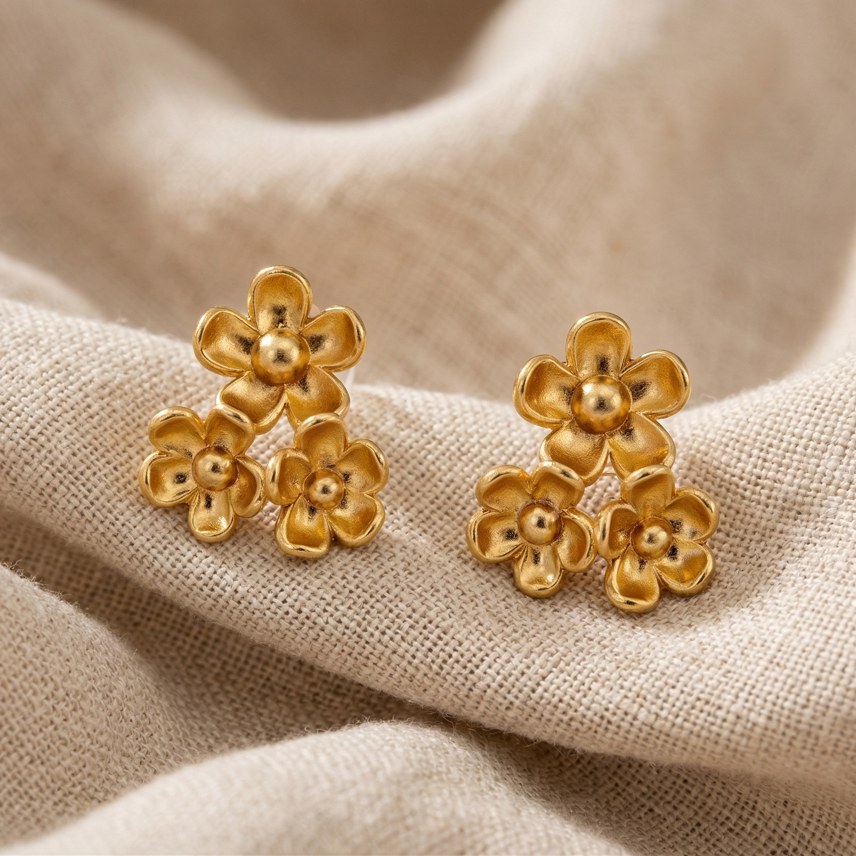 Gold flower-shaped earrings on beige fabric