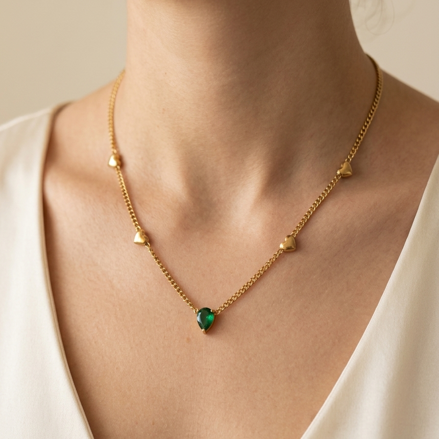 18K Gold Plated Green Heart Charm Necklace || Rakhi Gift for Sister
