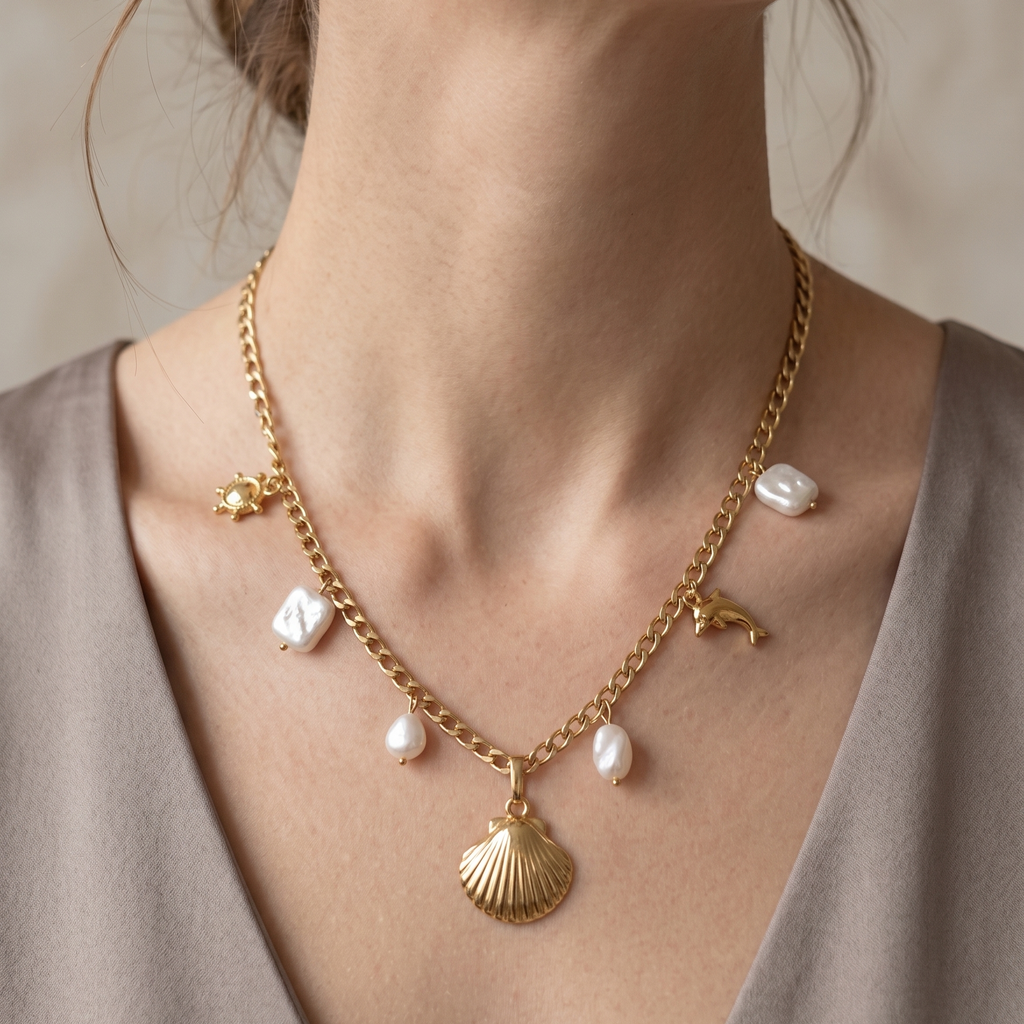 Aegean Sea Shell & Baroque Pearl Charm Link Necklace