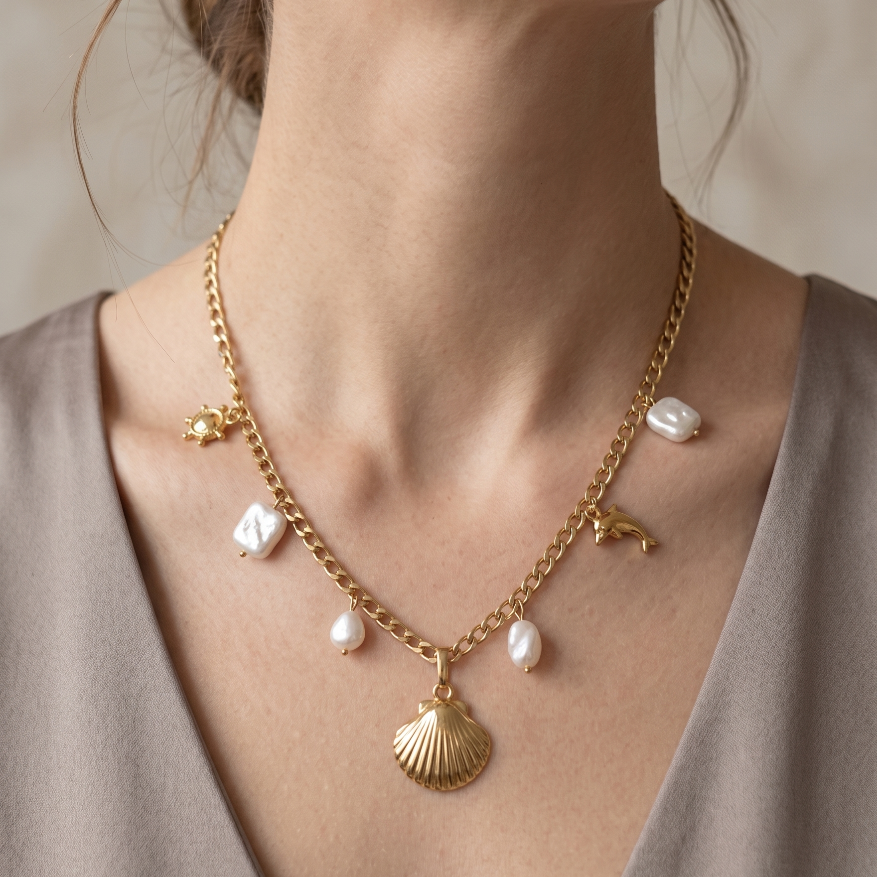 Aegean Sea Shell & Baroque Pearl Charm Link Necklace