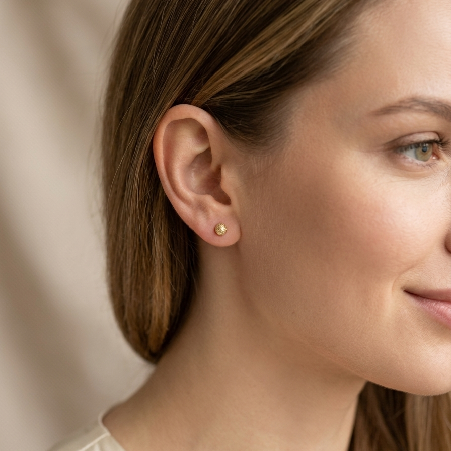 Close-up of a woman wearing a gold earring against a neutral background