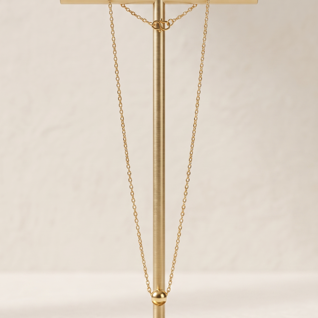 Gold necklace on a matching gold stand against a light background