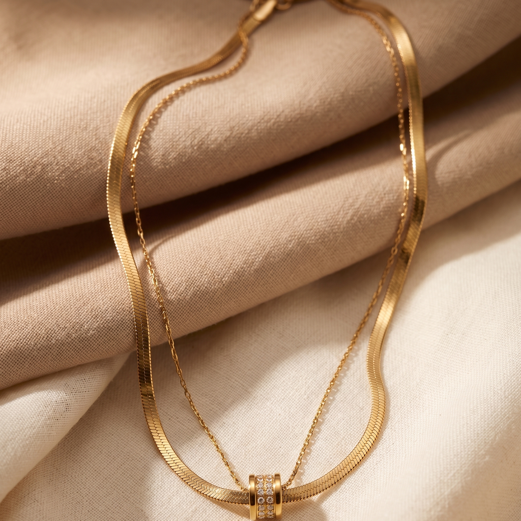 Double-Layered Golden Hour Necklace – Herringbone & Pavé Bead Duo