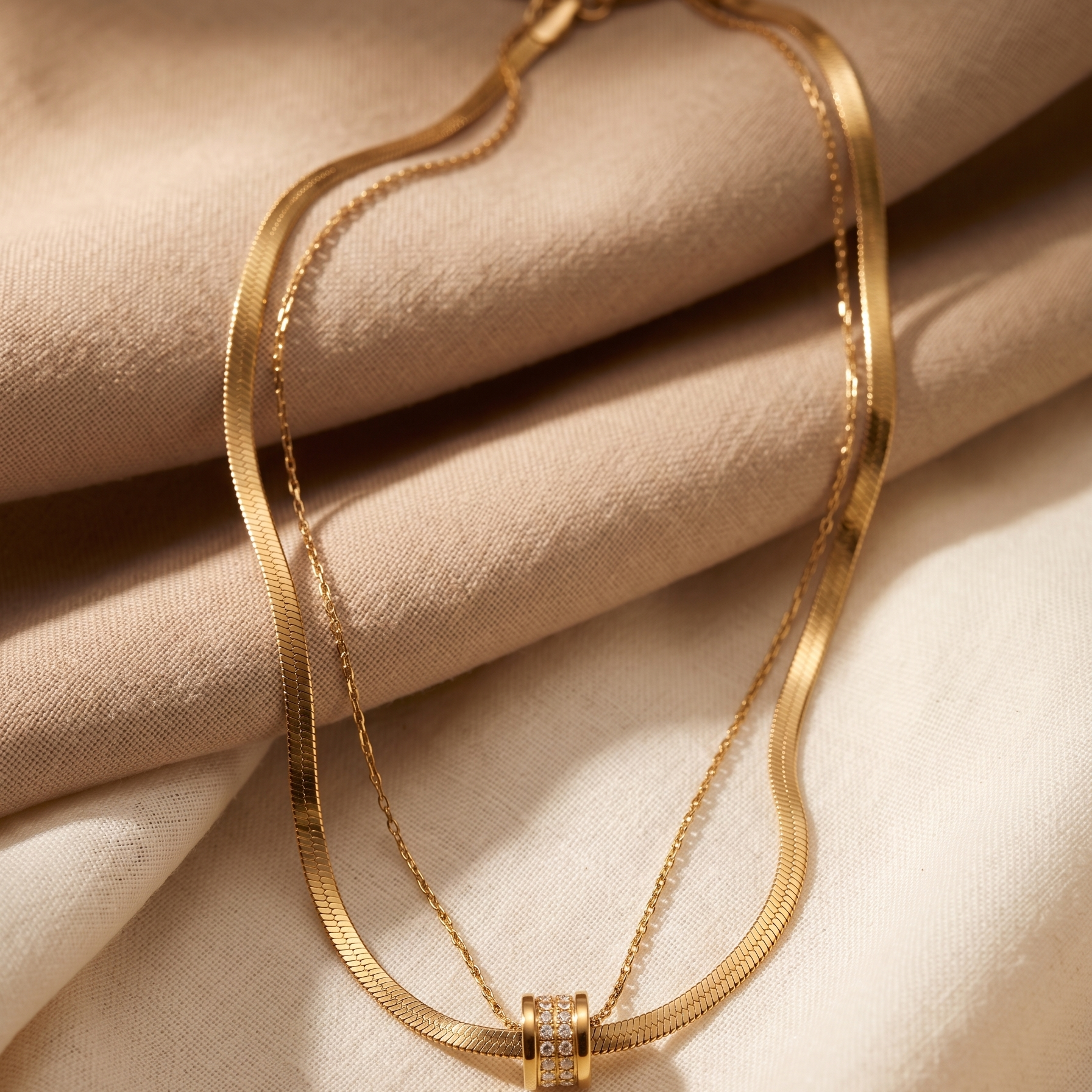 Double-Layered Golden Hour Necklace – Herringbone & Pavé Bead Duo