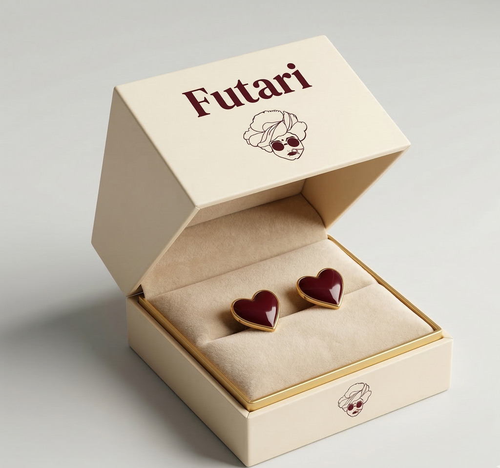 Heart-shaped earrings in an open beige box with 'Futari' branding on a light gray background