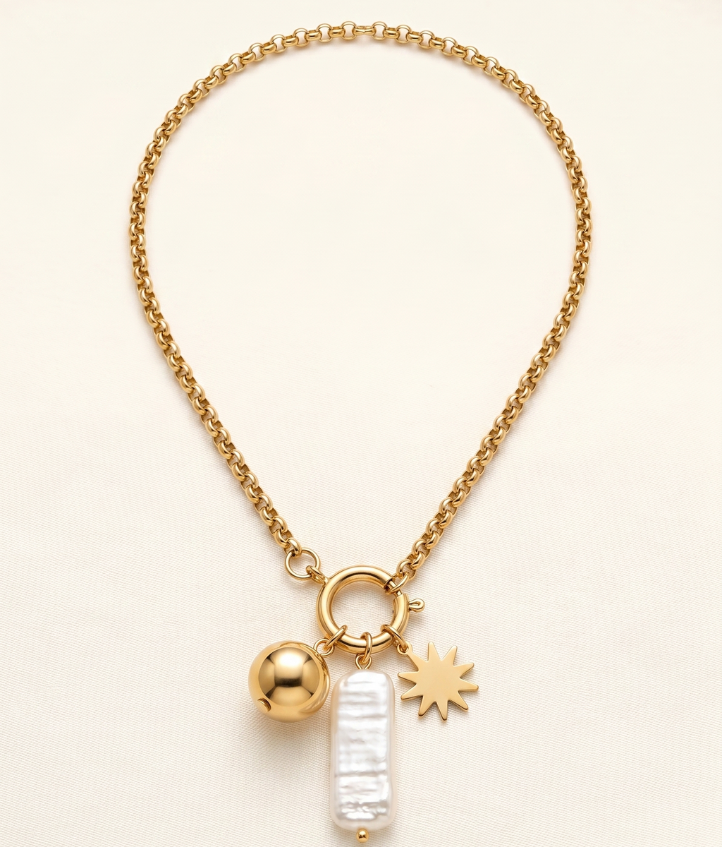 Celestial Anti-Tarnish Gold Necklace – Baroque Pearl, Star & Orb Charm Cluster