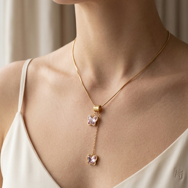 Dainty 18K Gold Plated Pink Butterfly Layered Drop Necklace – Stainless Steel || Rakhi Gift for Sister