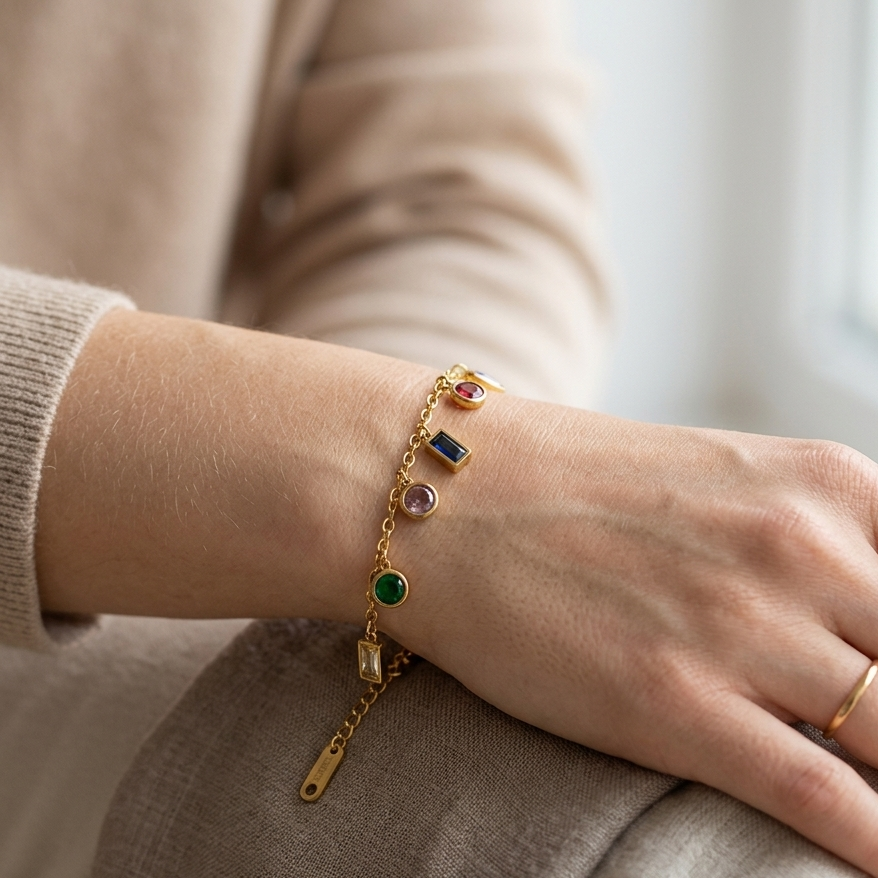 A gold chain bracelet with multiple small colorful gemstone charms worn on a person's wrist, shown in a soft indoor setting with beige clothing.