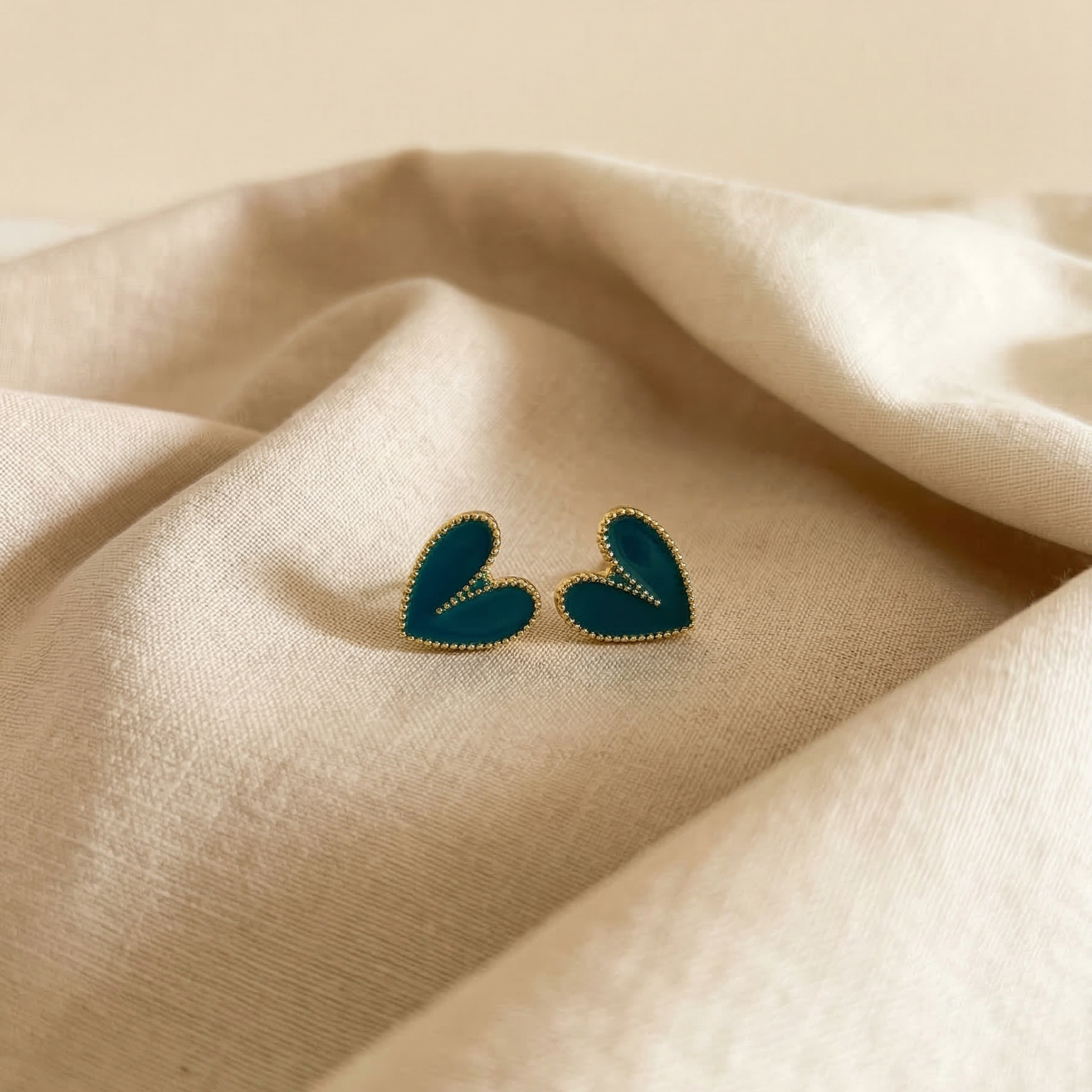 The Azure Heart Studs – Teal Enamel & Gold Beaded Statement Earrings